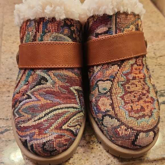 Muk Luks Shoes - Colorful Tapestry Slip-On Shoes with Faux Fur